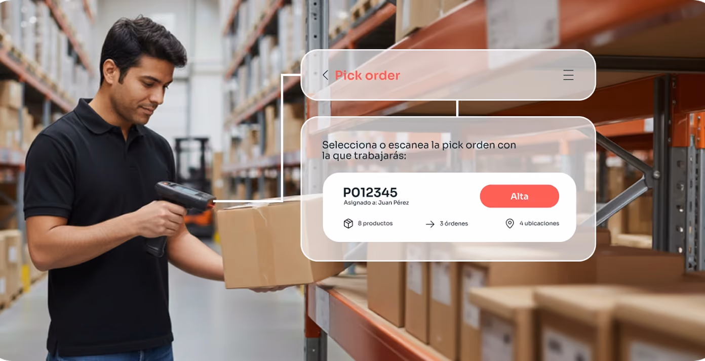 Warehouse worker scanning a box with a barcode scanner among shelves of packed boxes.