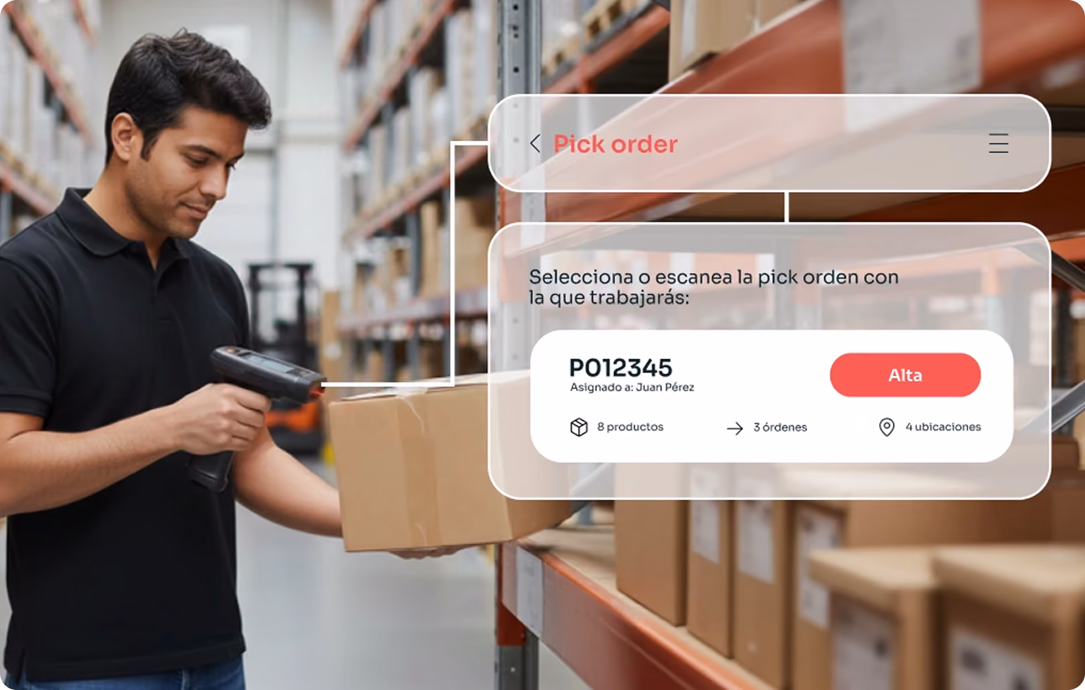 Man in black shirt scanning a box inside a warehouse with shelving and packages around him.