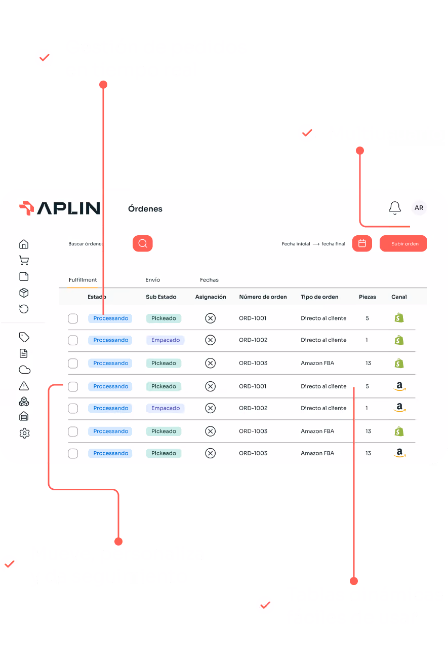 Order management interface showing real-time updates, multiuser access, customizable tracking, and dynamic tables.