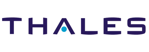 Logo de la société Thales avec un point bleu au centre de la lettre A.