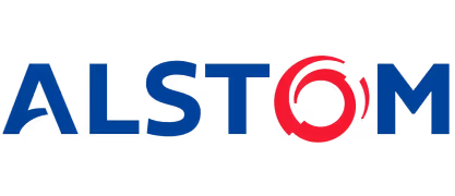 Logo Alstom avec lettres bleues et cercle rouge stylisé autour de la lettre O.