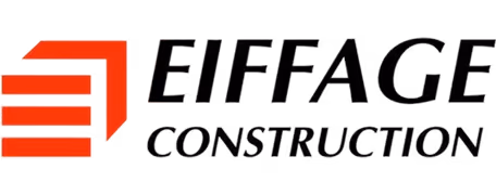 Logo d'Eiffage Construction avec symbole graphique rouge et texte noir.