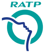 Logo RATP with turquoise circular arrow and blue stylized human figure inside.