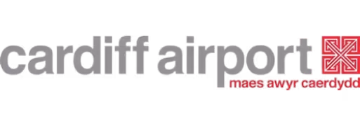 Logo de Cardiff Airport avec texte en gallois et symbole rouge à droite.