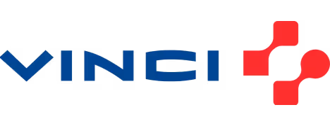 Logo bleu VINCI avec symbole géométrique rouge à droite.