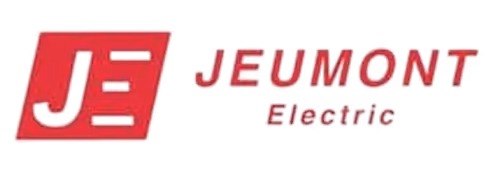 Logo rouge de JEUMONT Electric avec les lettres JE stylisées dans un carré.