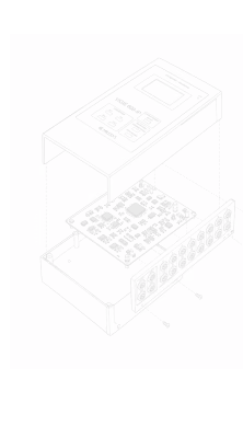 Schéma éclaté d'un appareil électronique montrant le boîtier, circuit imprimé et panneau avant avec connecteurs.