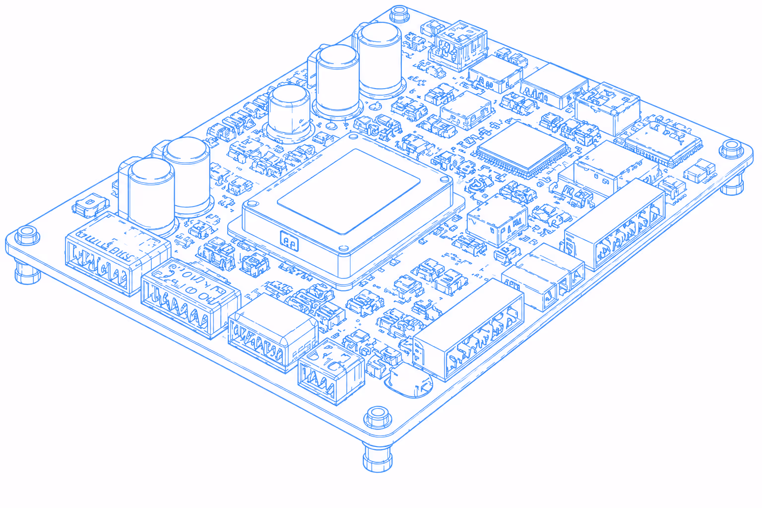 Schéma technique d'un circuit imprimé avec composants électroniques détaillés en vue en perspective.