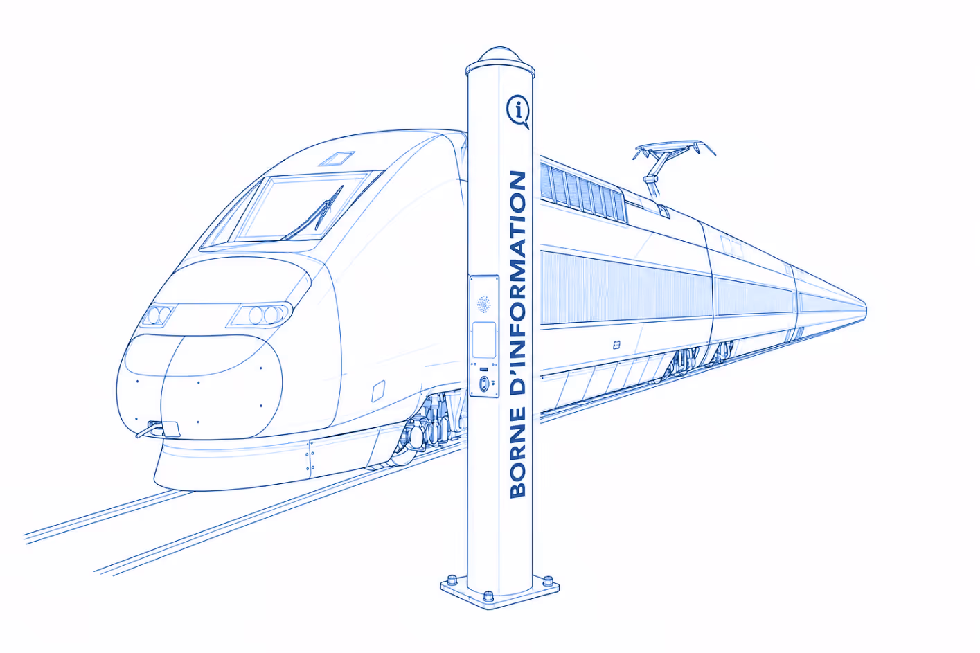 Dessin d'un train à grande vitesse derrière une borne d'information sur les rails.