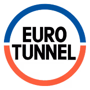 Logo Eurotunnel with blue and red arc circle surrounding white background and black text.