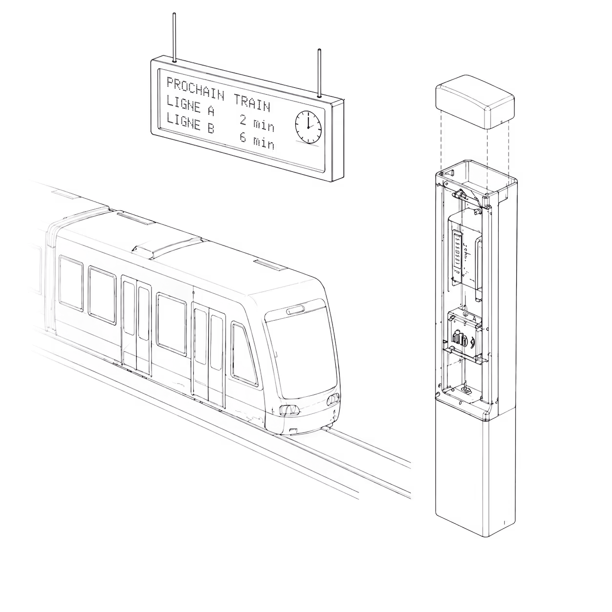 Diagram of a modern tram with a ticket machine and digital schedule display showing wait times.