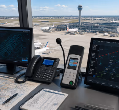 Poste de contrôle aérien avec écrans radar, téléphone, radio et vue sur un aéroport et sa tour de contrôle.
