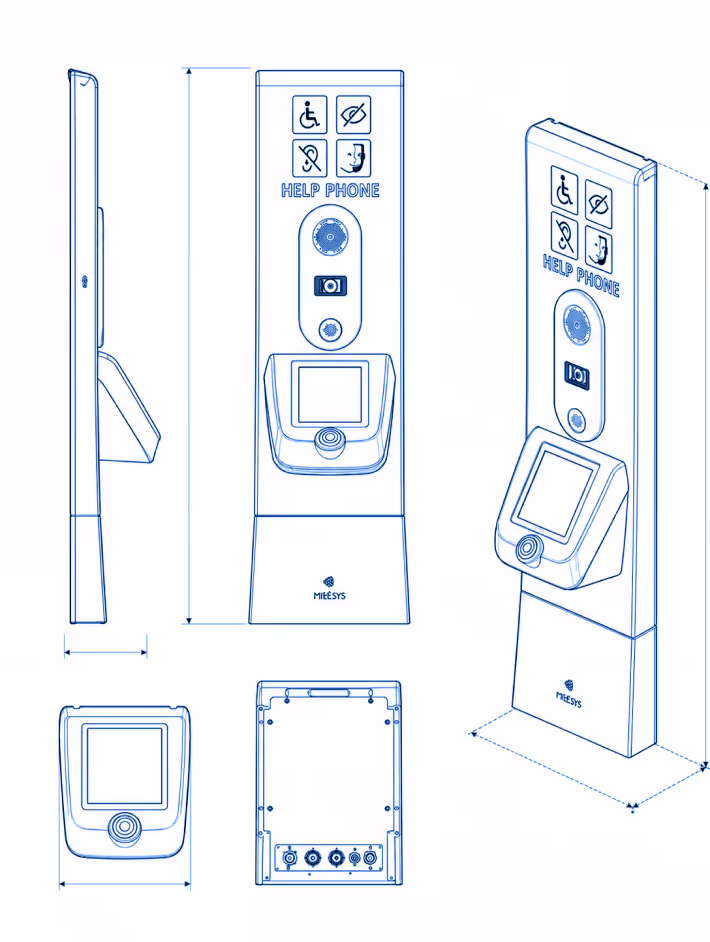 Schéma technique d’un téléphone d’aide avec plusieurs vues et dimensions, icônes d’accessibilité en haut.