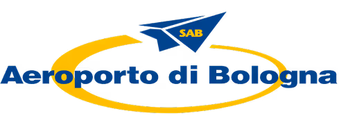 Logo de l'aéroport de Bologne avec avion en papier bleu et cercle jaune.