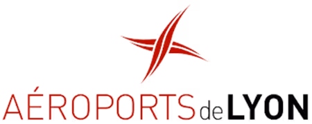 Logo rouge et noir des Aéroports de Lyon avec un symbole en forme d’étoile stylisée.