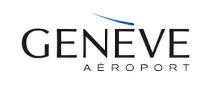 Logo de Genève Aéroport avec un trait bleu symbolisant un vol.