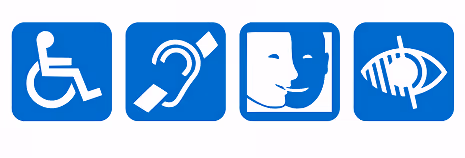 Quatre icônes d'accessibilité : fauteuil roulant, audition, communication faciale et vision.