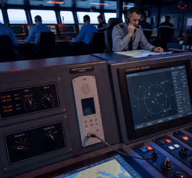 Un homme en uniforme parle au téléphone dans une salle de contrôle avec écrans radar et cartes marines.