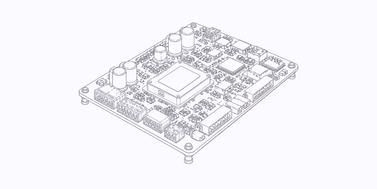 Schéma en ligne d'une carte électronique avec plusieurs composants et connecteurs.