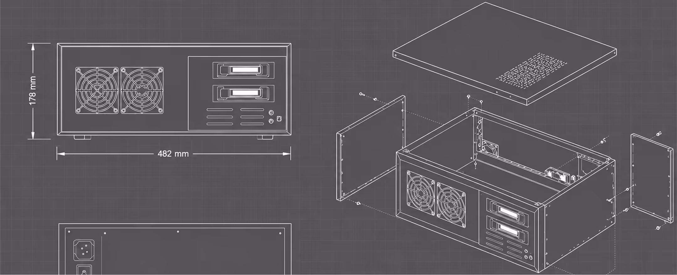 Schéma technique montrant une unité électronique rectangulaire avec ventilateurs, dimensions et panneaux démontables.