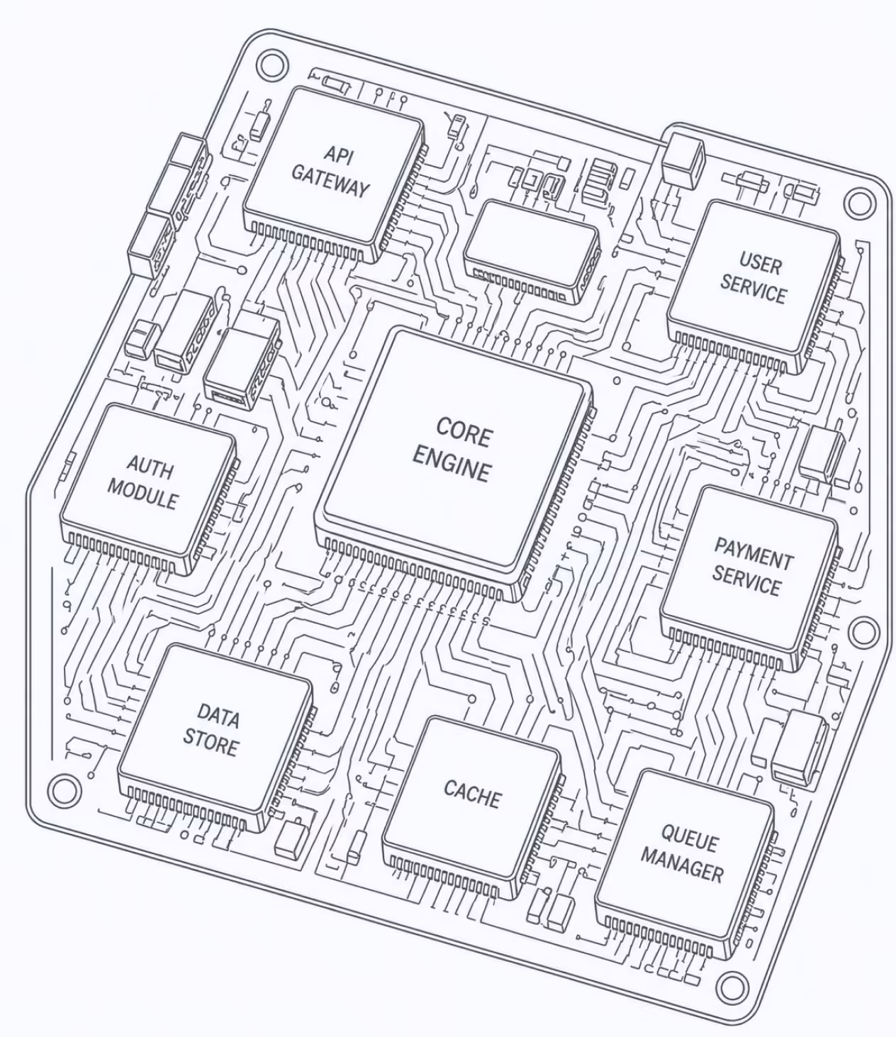 Schéma d'un circuit électronique avec composants nommés: cœur, relais, cache, gestionnaire de file d'attente.