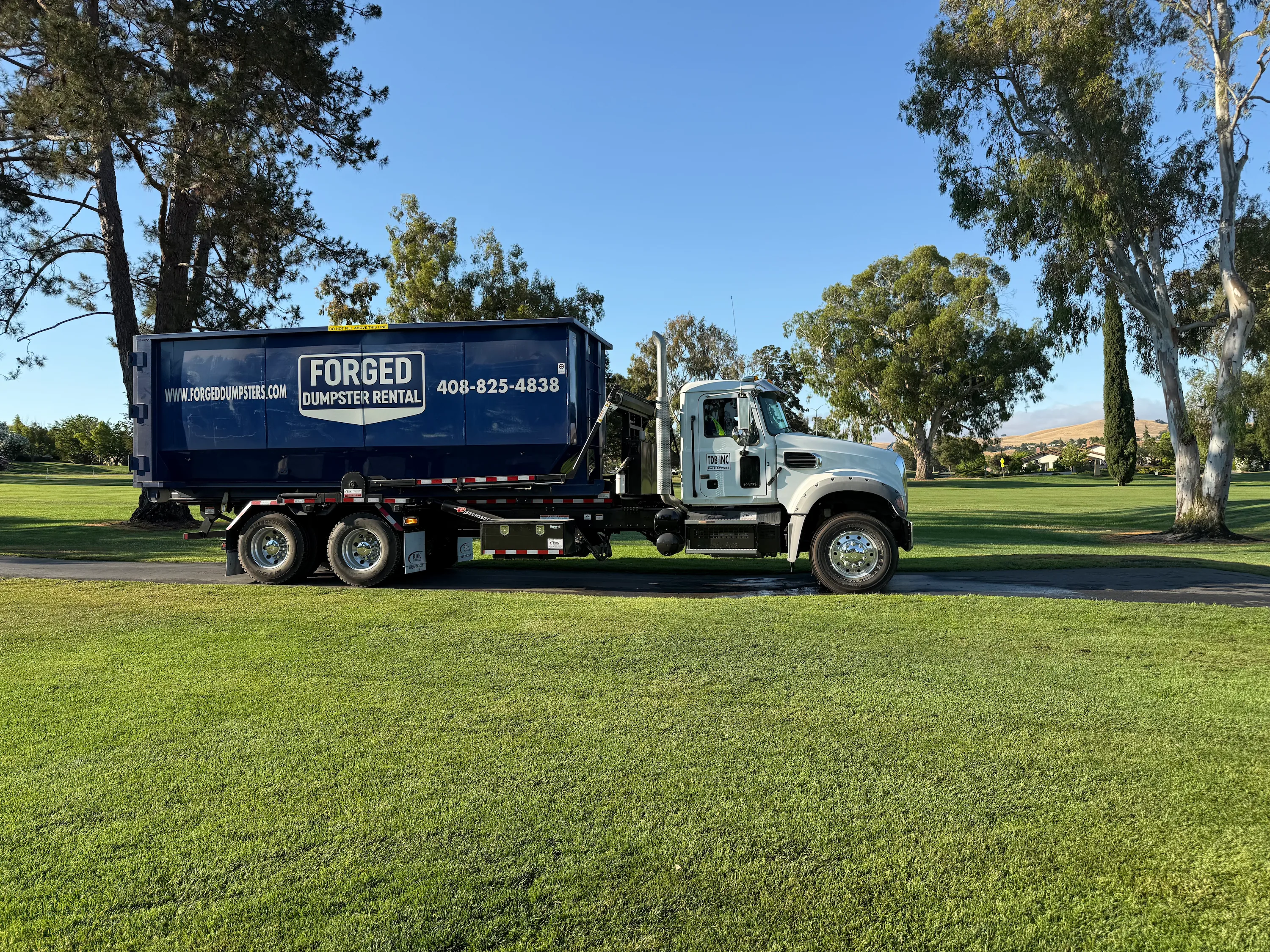 Blue Forged roll-off dumpster parked on a residential driveway