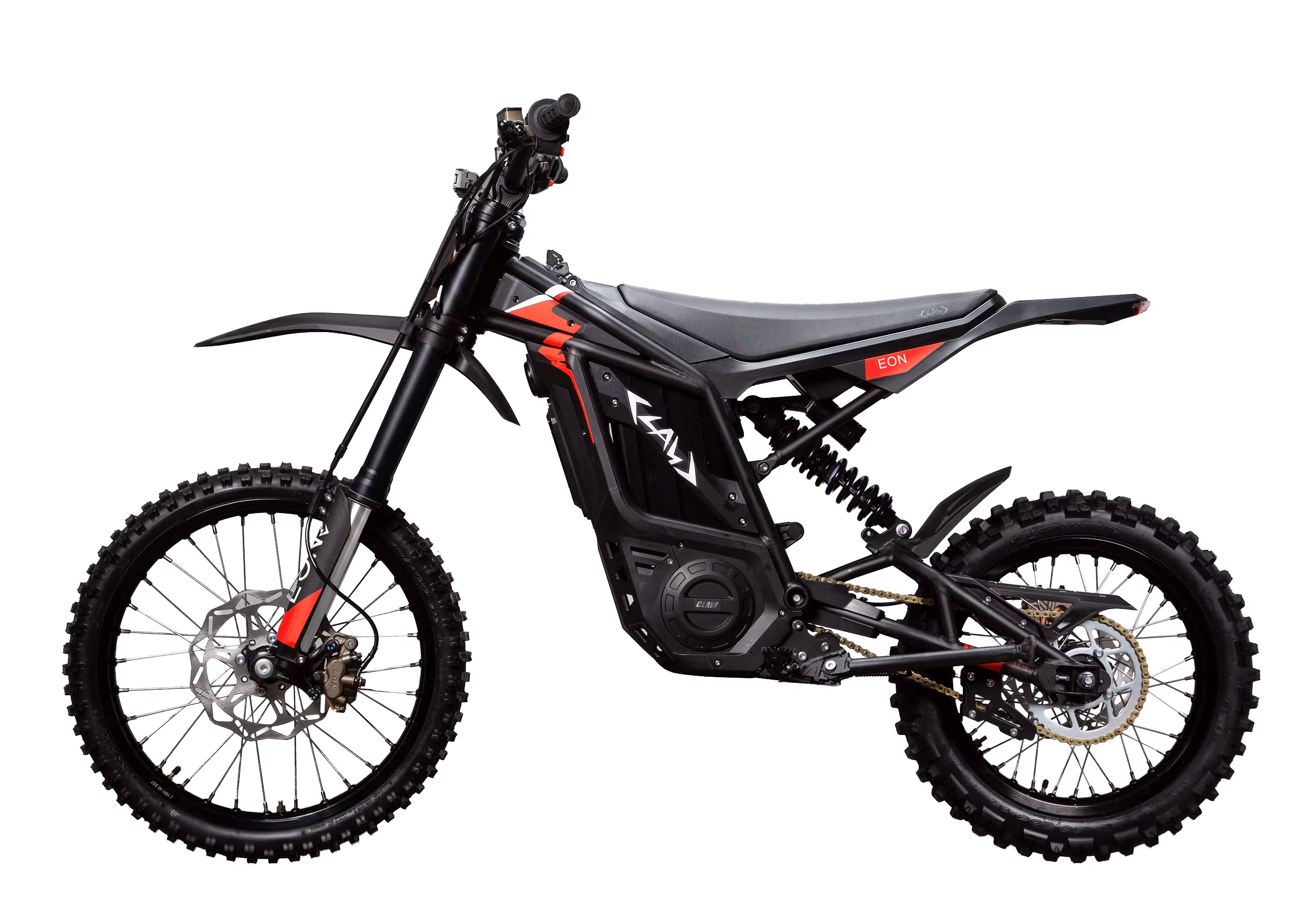 Black and red electric dirt bike with knobby tires and rear suspension on white background.