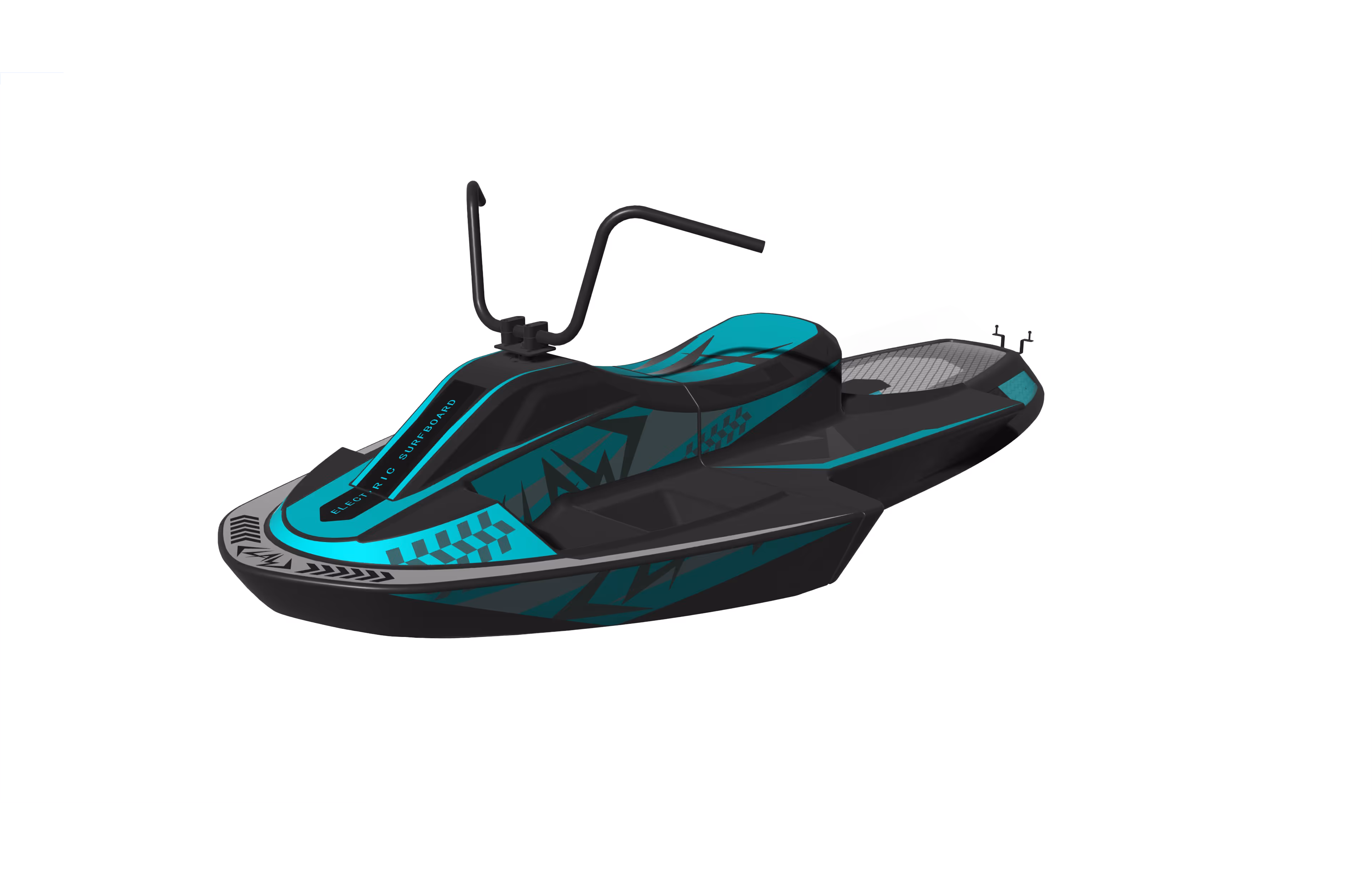Black and teal electric surfboard with raised handlebars and geometric patterns.