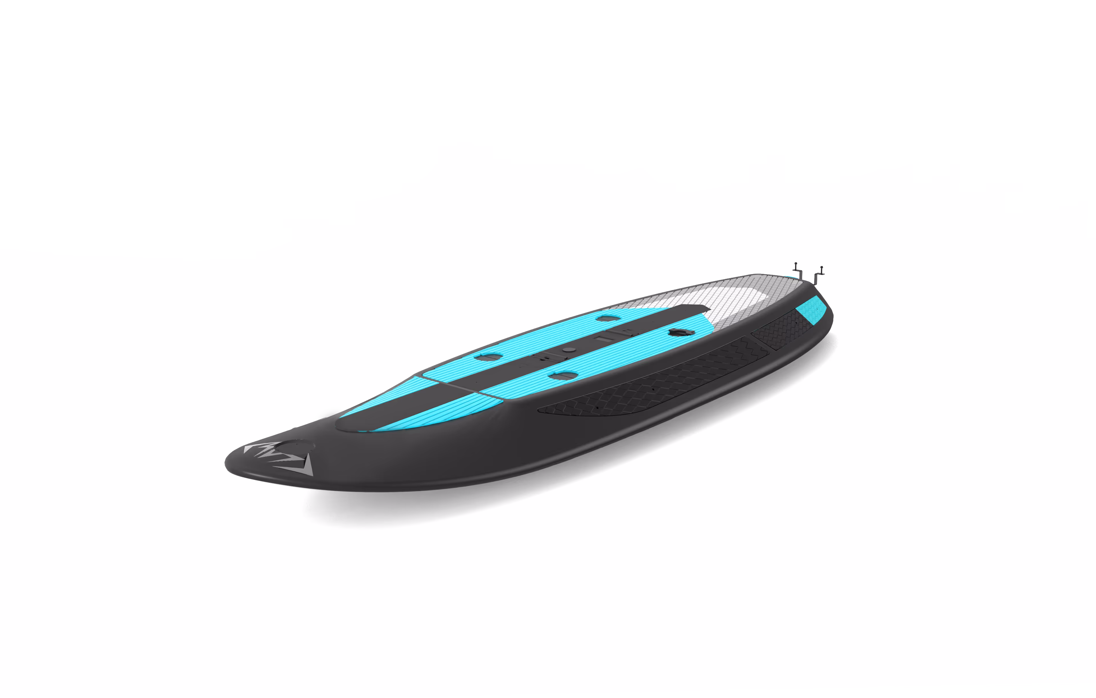 Black and teal electric surfboard with raised handlebars and geometric patterns.