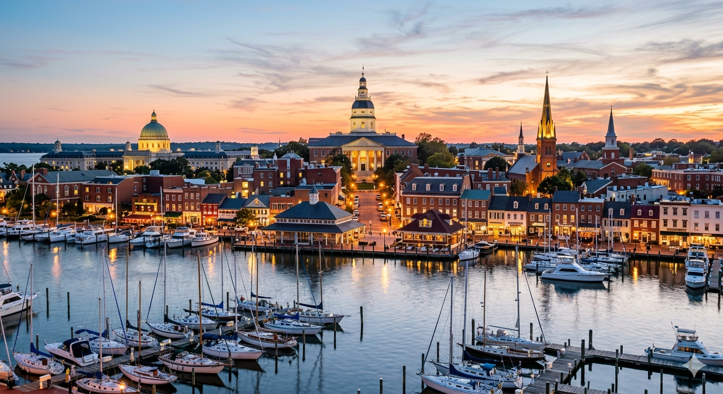 two businessmen shake hands in front of the Annapolis skyline