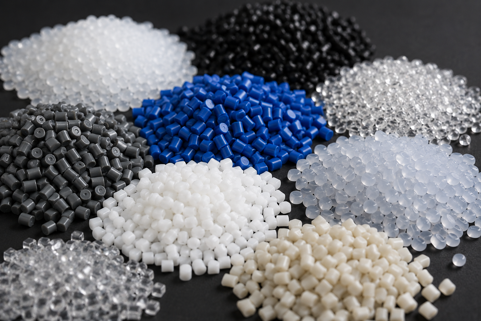A photograph of various piles of polymers