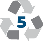 Blue number 5 inside gray recycling symbol with three arrows forming a triangle.
