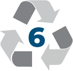 Recycling symbol with number 6 in the center representing polystyrene recycling.