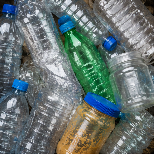 Assortment of empty plastic bottles and jars with blue caps, including a green bottle and a jar with residue.