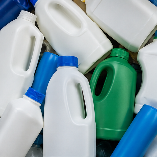 Pile of white, blue, and green plastic jugs and bottles with handles and screw caps.