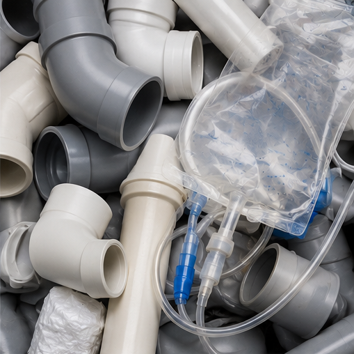 Clear plastic medical drainage bag with tubes resting on a pile of gray and white plastic plumbing pipes and fittings.