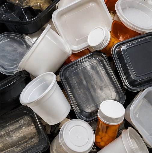 Pile of various empty plastic containers and pill bottles scattered closely together.