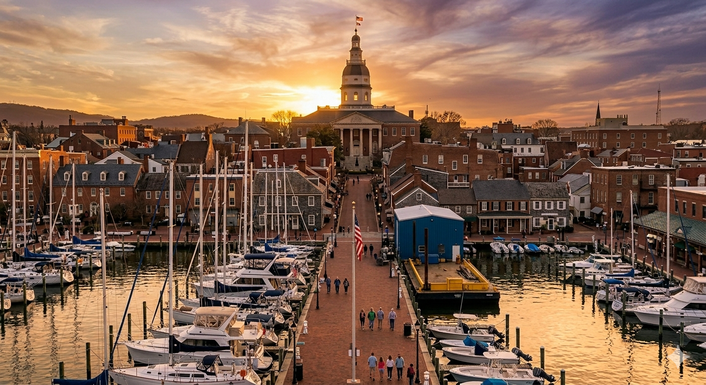 Sunset over harbor with boats docked and a central brick walkway leading to Annpolis Maryland State House