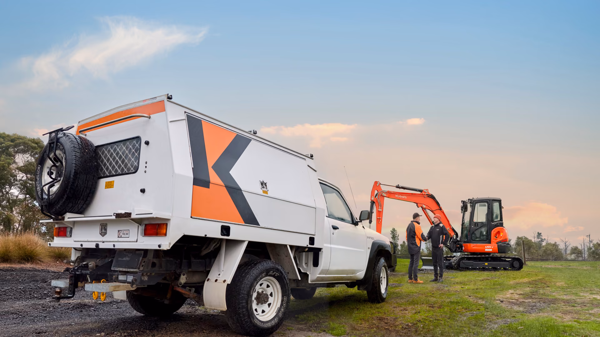 R&R Tractors service ute and Kubota excavator on site