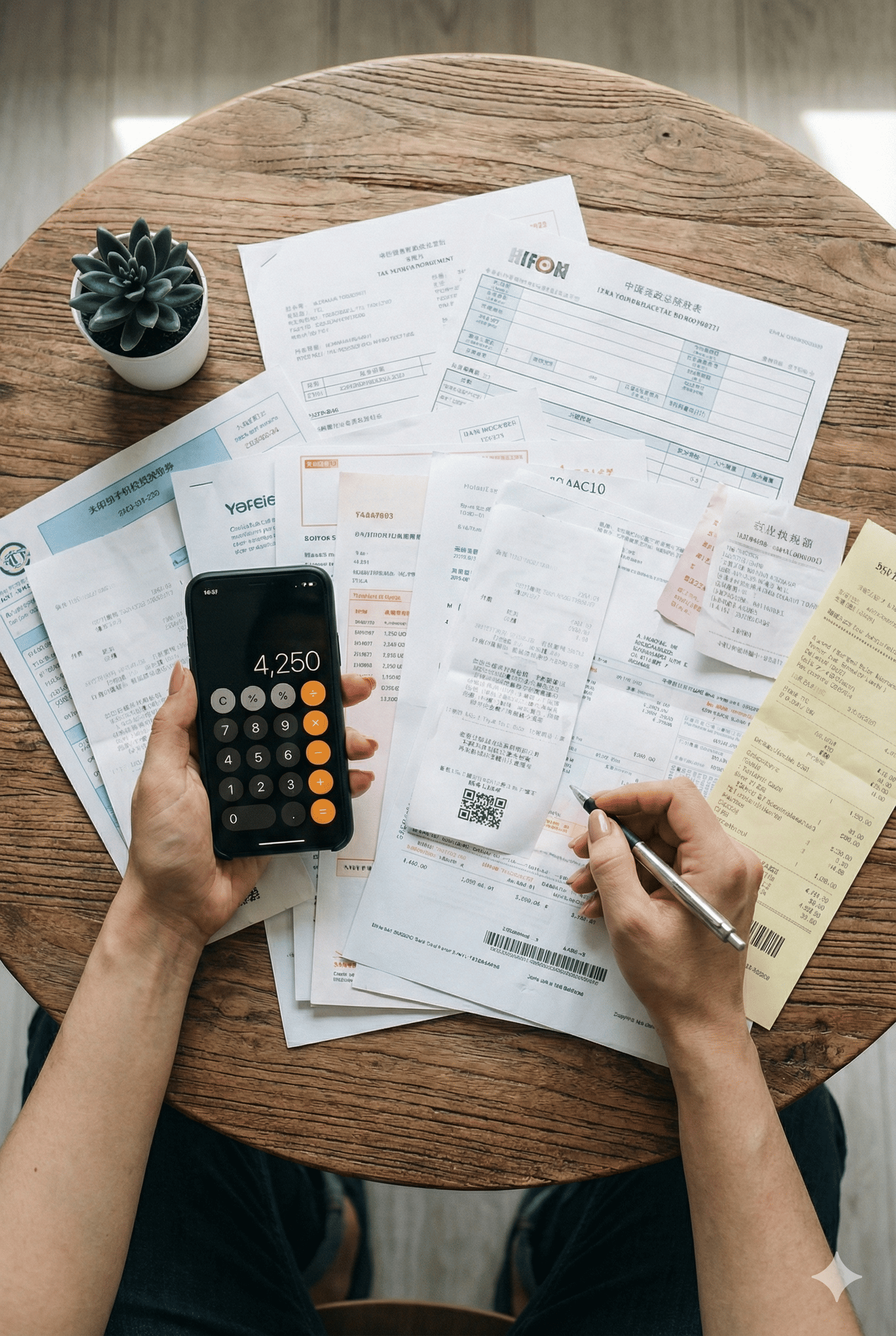 Hands holding phone calculator showing 4,250 and pen over receipts and invoices on wooden table.