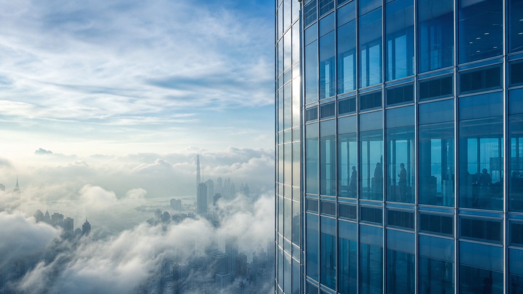 Glass office tower rising above the clouds over a city skyline