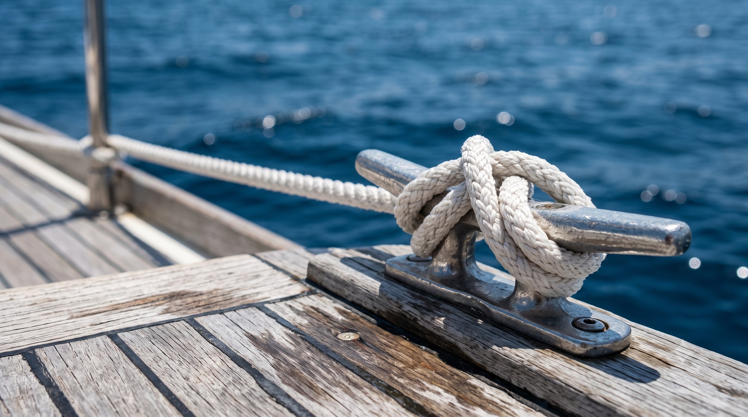 White mooring rope tied securely on a boat cleat over blue water
