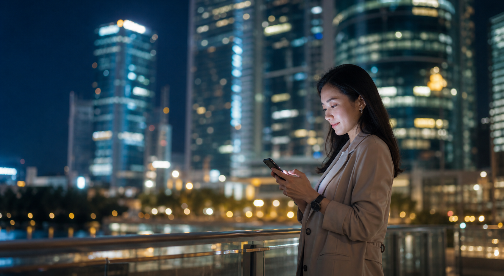 Businesswoman checking her phone against a city skyline at night