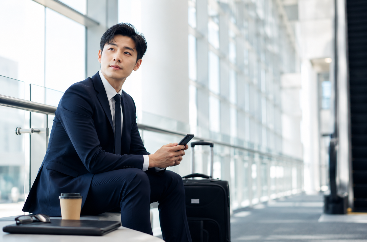 Businessman with a coffee and luggage checking his phone in an airport terminal, representing work visa and business travel support