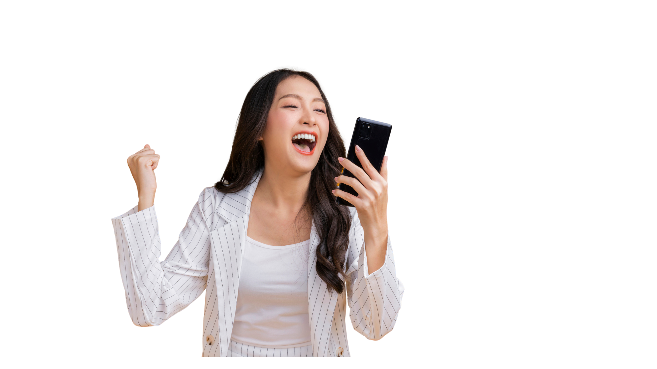 Professional celebrating good news on her phone
