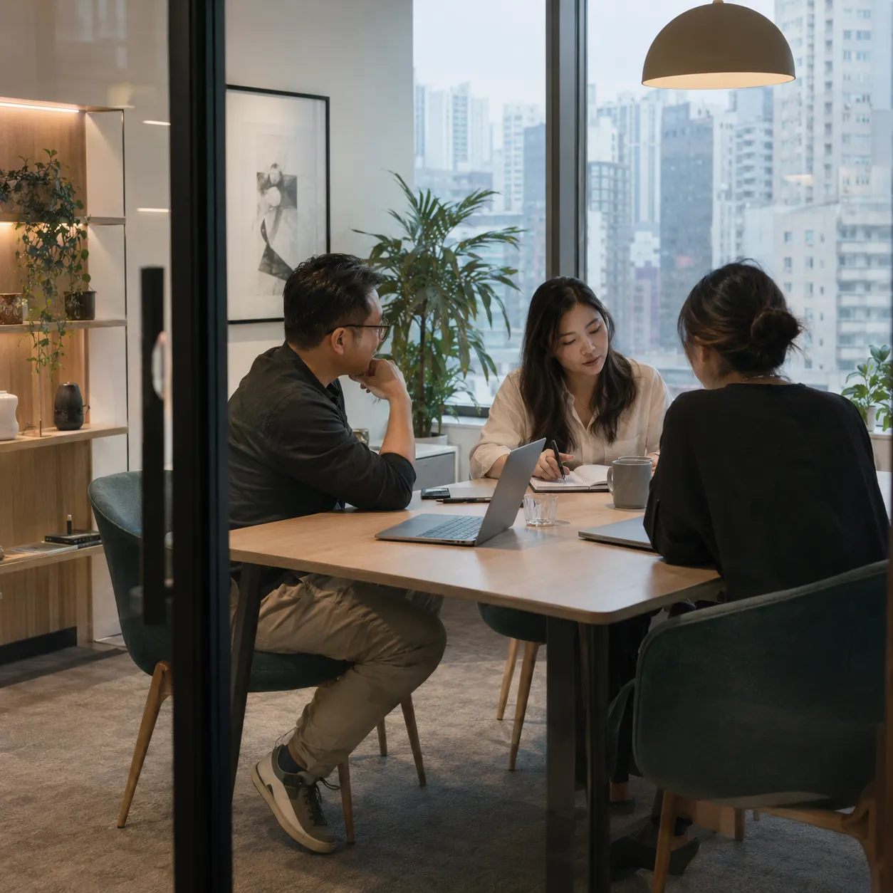 Conceptual recruitment conversation in a Hong Kong-inspired office
