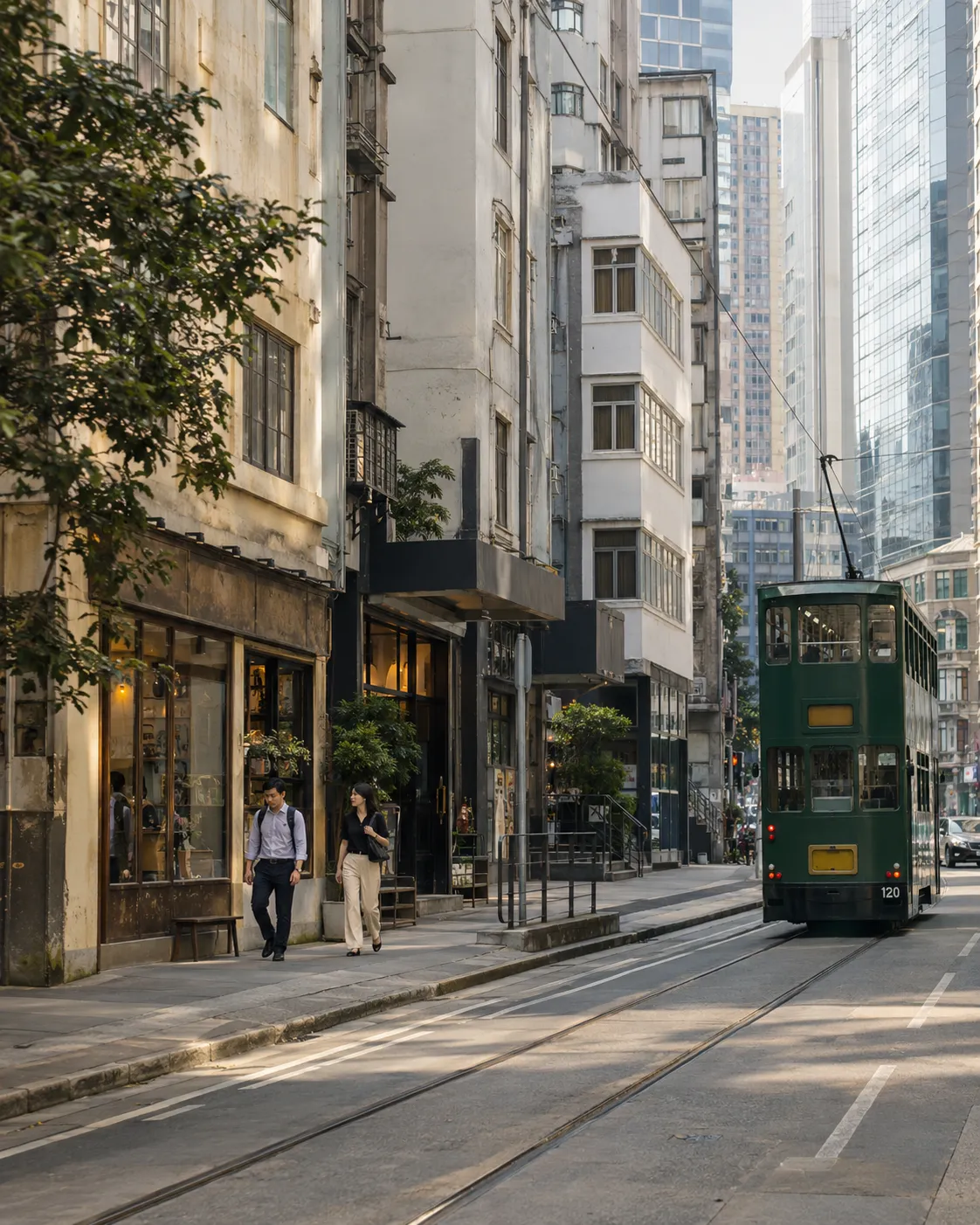 Hong Kong-inspired streetscape with a tram and pedestrians.