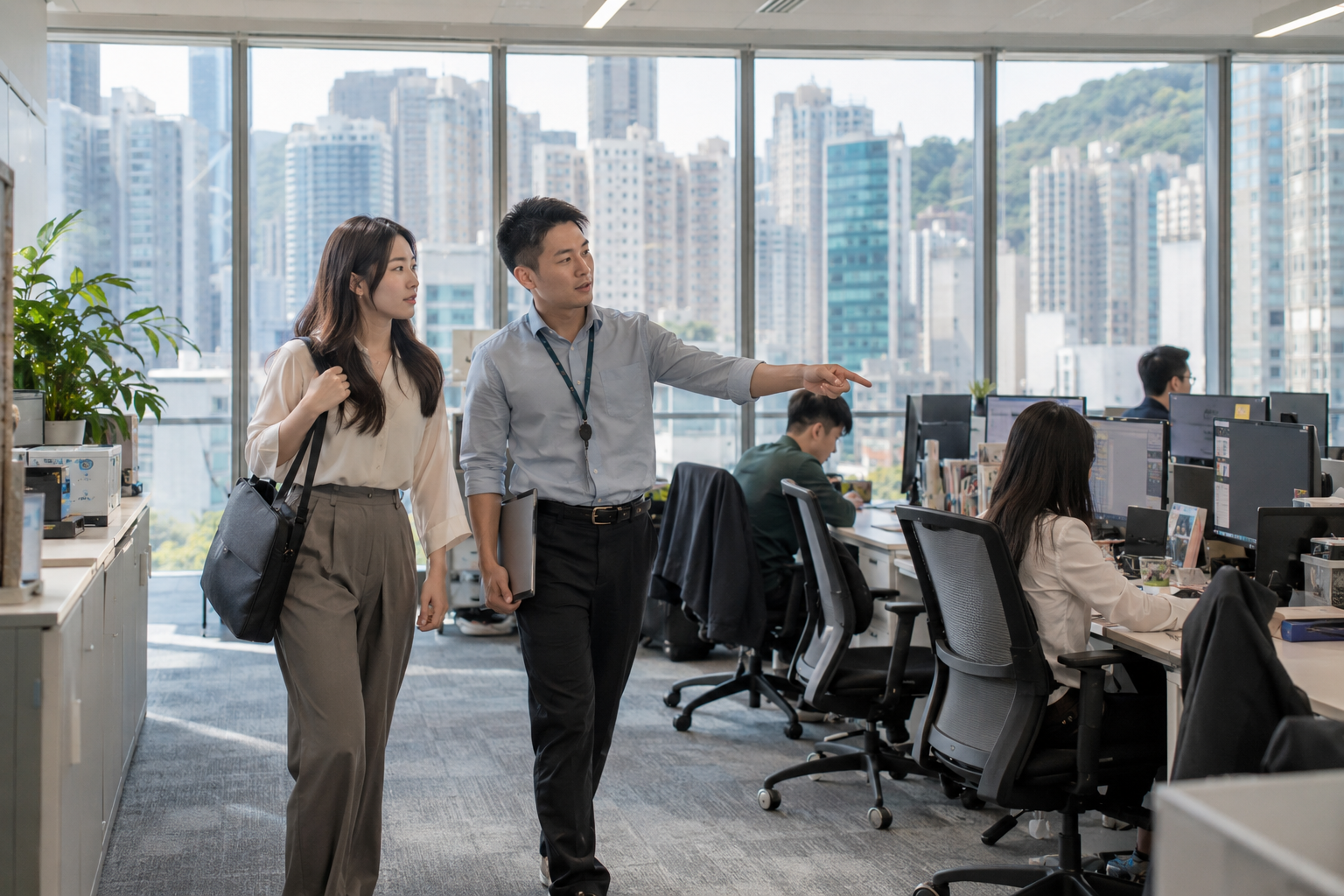 A professional being welcomed into a Hong Kong office