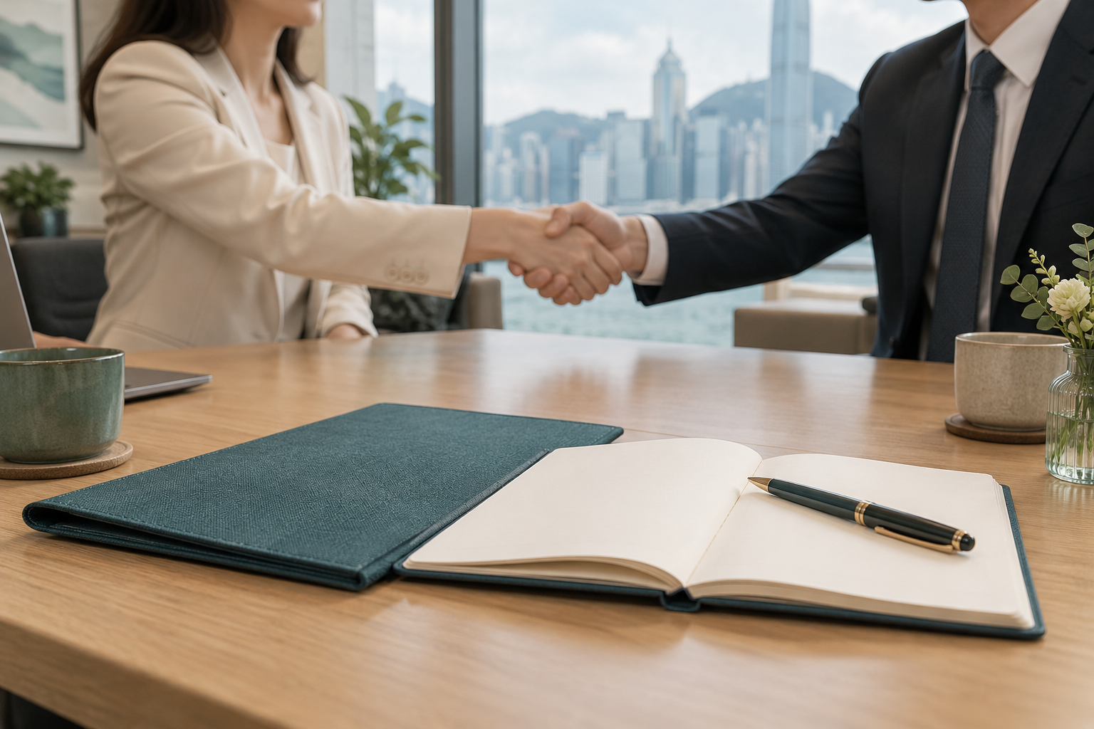 Notebook, pen and teal folder in focus, with two professionals shaking hands in the background