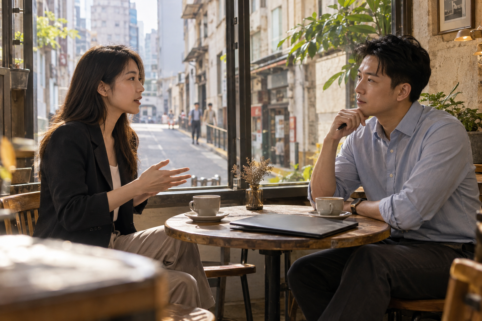 Consultant and candidate having a focused conversation across a café table